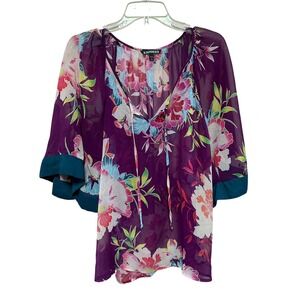 Express Womens Large Purple Floral Sheer Bell‎ Sleeve V-Neck Blouse Beach